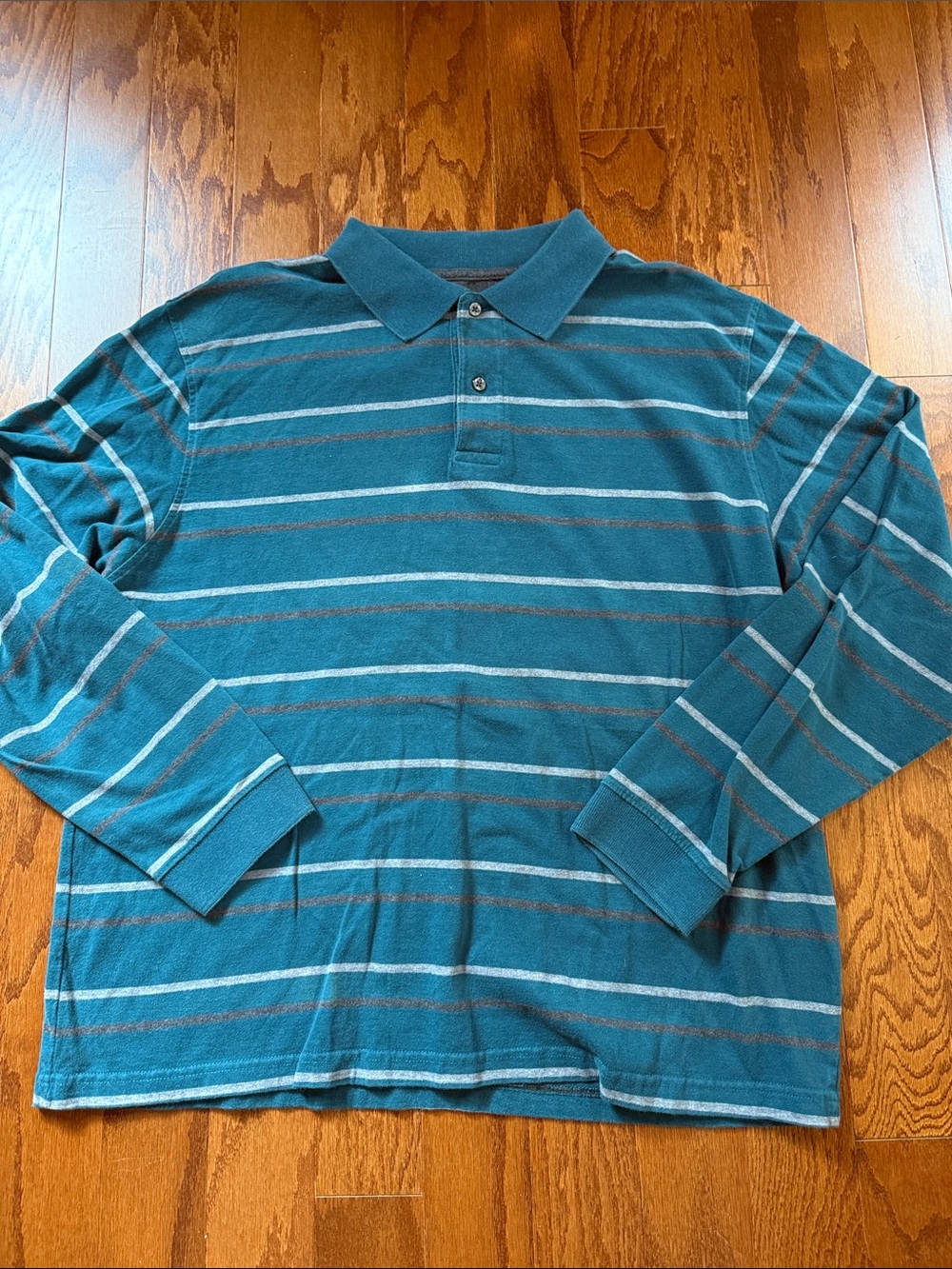 St. John’s Bay Men’s Large Teal Striped Long Sleeve Cotton Polo Shirt